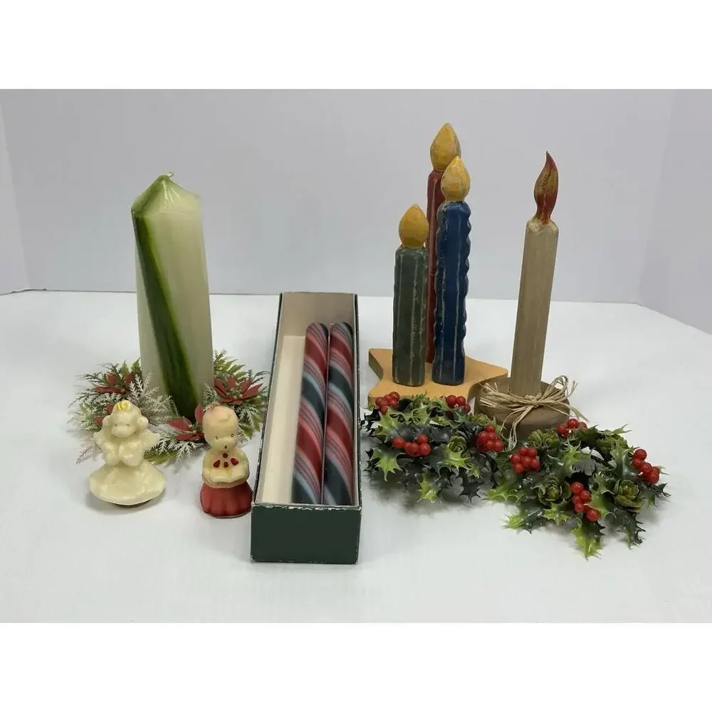 Vintage Lot Christmas Holiday Seasonal Candles Holly 2 Gurley Candle Pillar‎